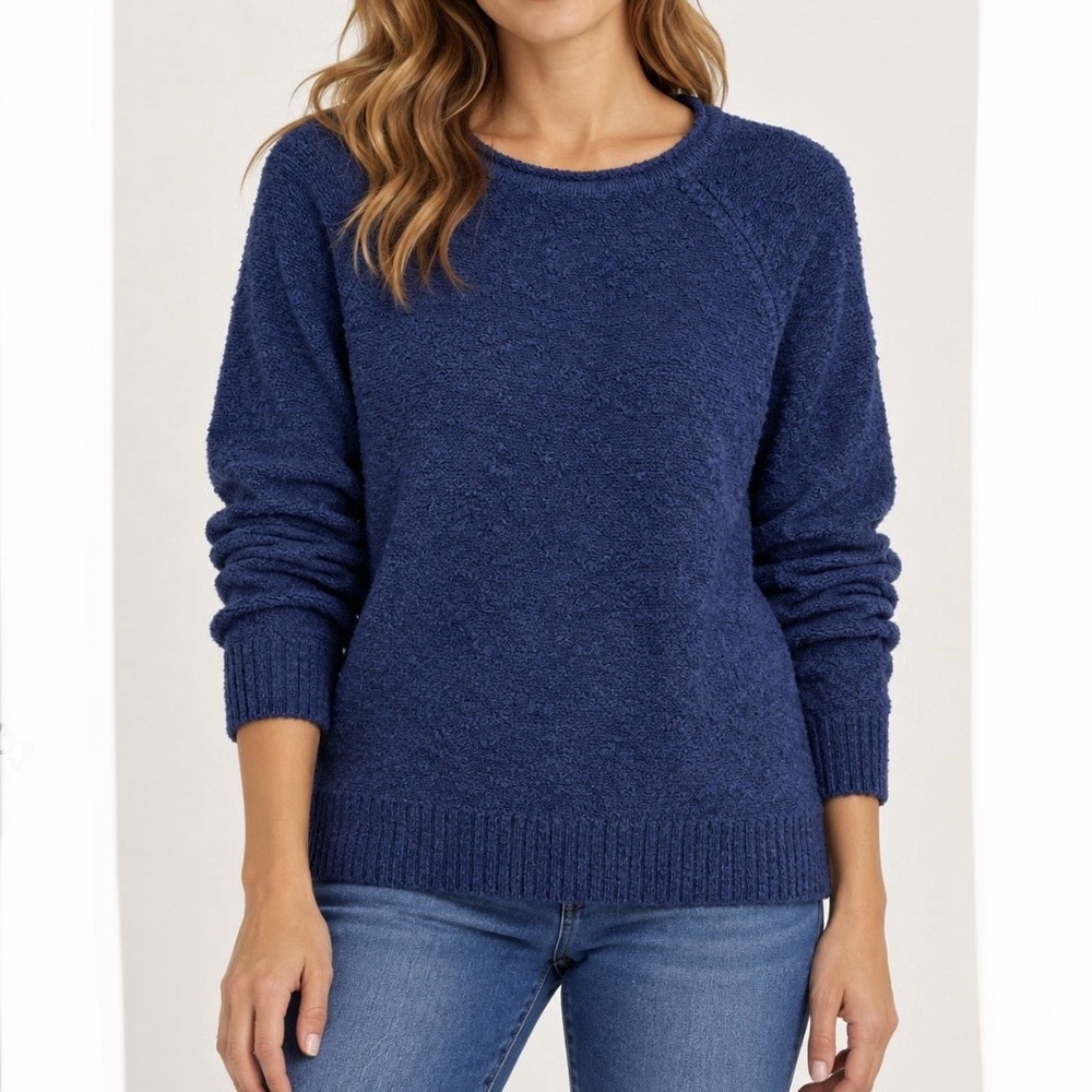 LL Bean Navy Blue Midweight Cotton Slub Rollneck Pullover Sweater LARGE PETITE
